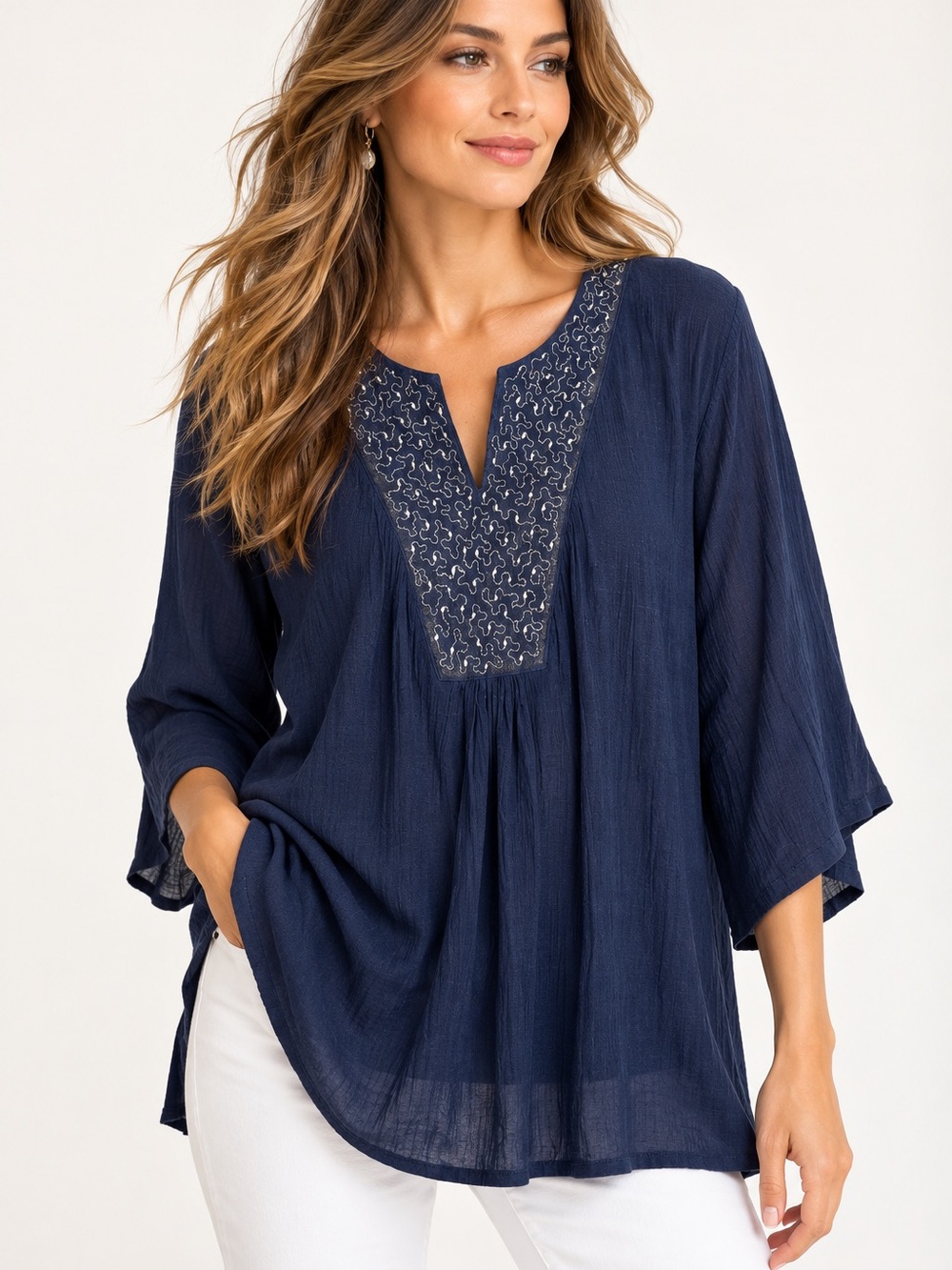 Navy Silk Cotton Embroidered 3/4 Sleeve Boho Tunic Blouse Boho Tunic T.TD XXXL *
